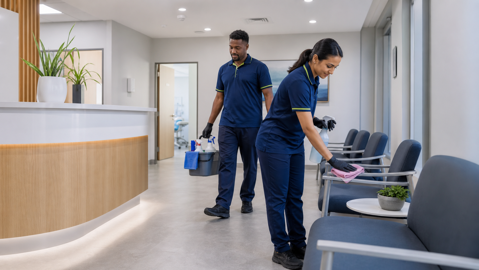 Commercial cleaning team caring for a clinic reception and waiting area